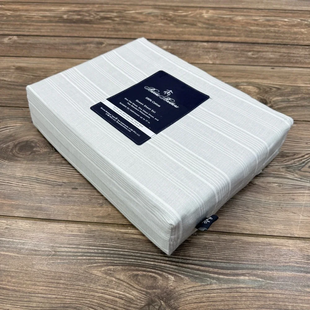 Brooks Brothers Queen Sheet Set Grey White Stripe 100% Cotton 4pc Luxury New